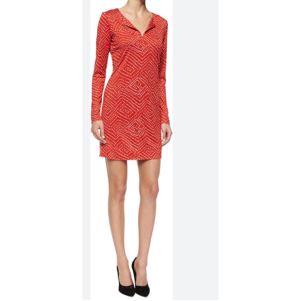 Diane von Furstenberg Reina Red White 100% Silk Jersey Mini Dress‎ LS Medium EUC